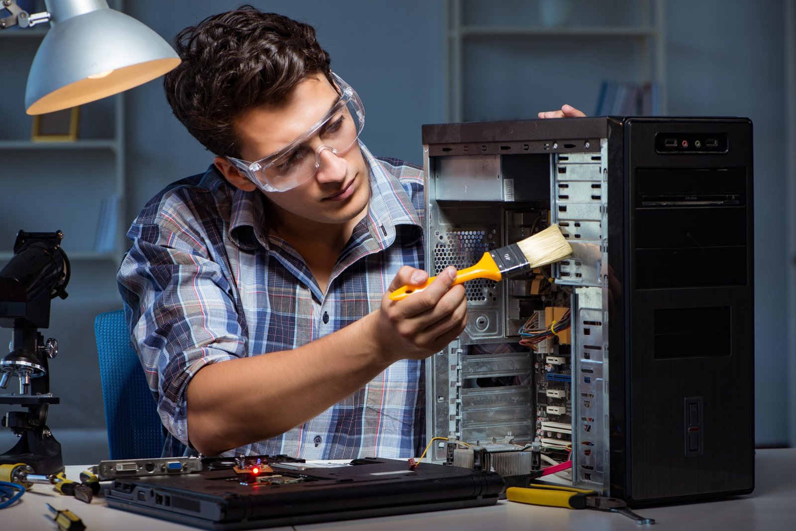 computer repair man cleaning dust with brush
